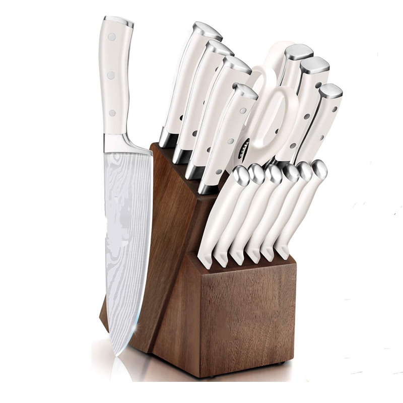 16pcs Custom logo german chef high carbon stainless steel kitchen knives set with wooden block and sharpener