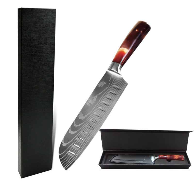 7 Inch Carbon Steel Kitchen 0 MOQ With drop shipping multifunctional cooking yangjiang super sharp red resin Santoku Gift Knife