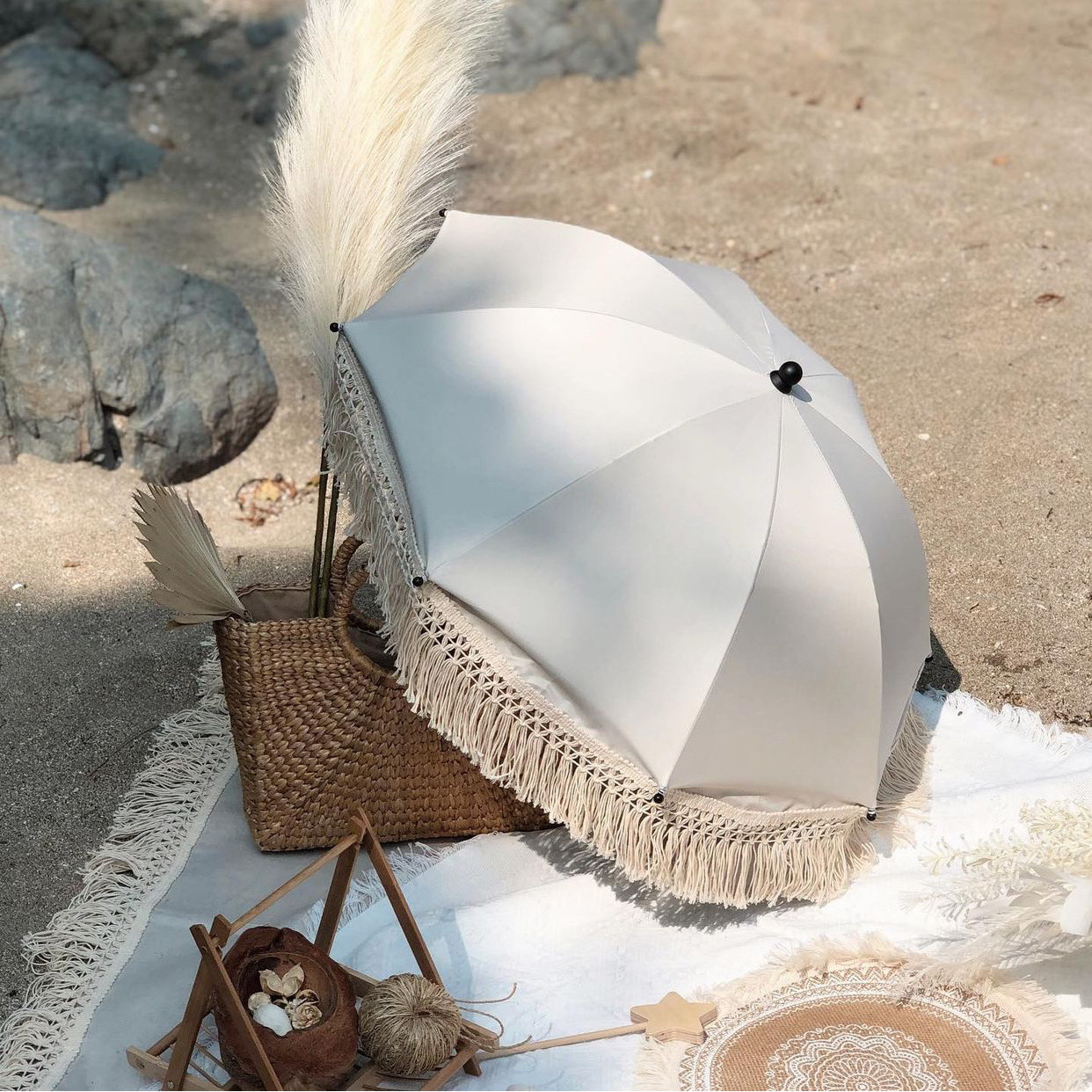 Korean Kids Photography Props Beach Outdoor Cute Baby Stroller Umbrella Sunshade Bohemian Children Sun Shade Beach UV Umbrella