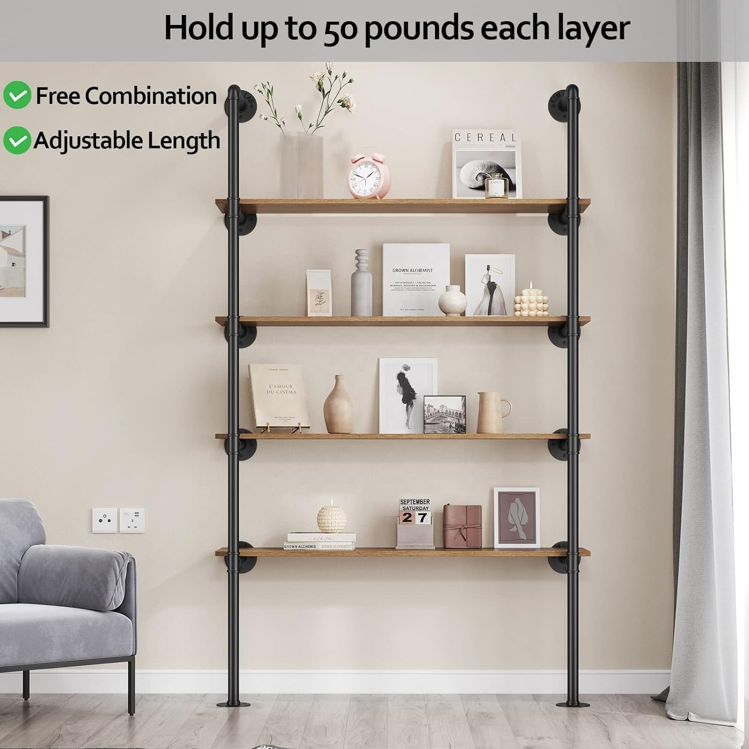 Industrial living room decoration wall shelf Iron Wall Mount DIY Open Bookshelf Pipe Shelves Book Shelf For Wall