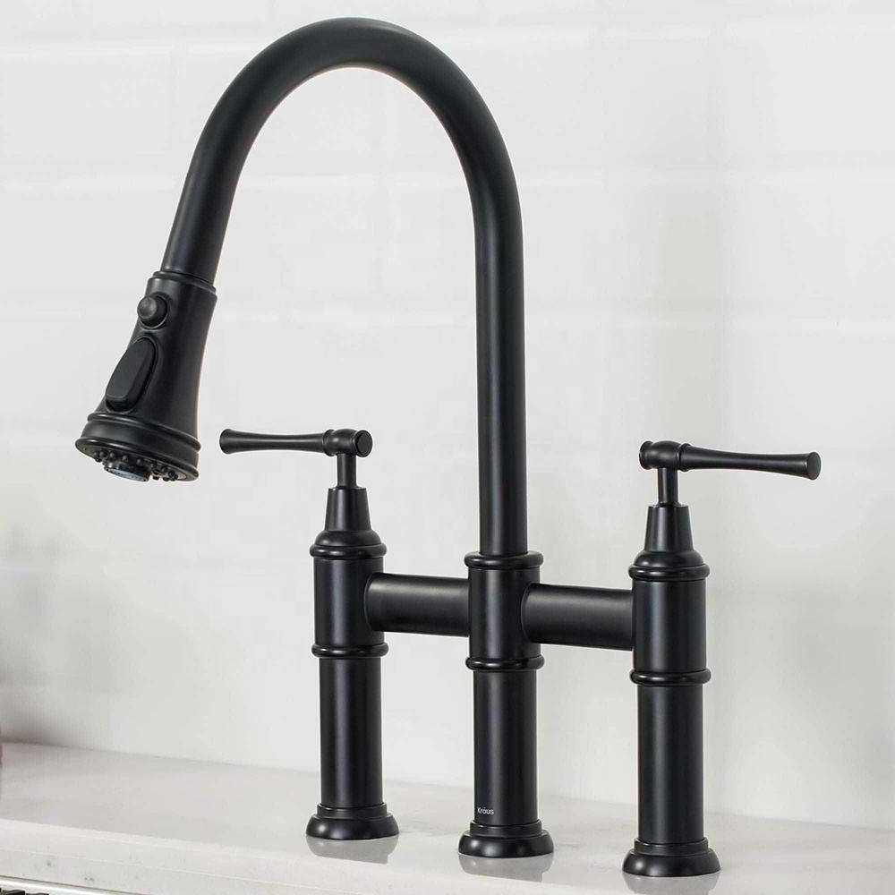 High End Kitchen 3 Function Pull-Down Sprayhead Bridge Sink Faucet In Matte Black