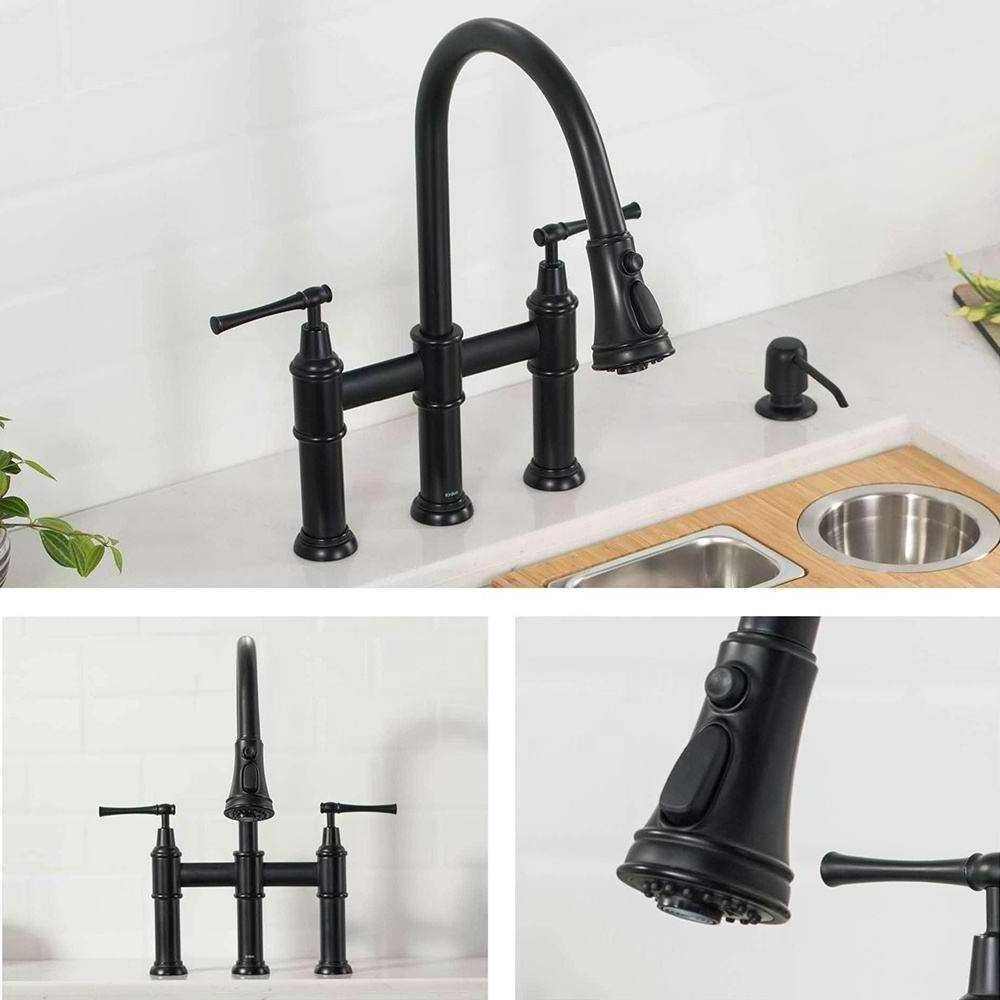 High End Kitchen 3 Function Pull-Down Sprayhead Bridge Sink Faucet In Matte Black