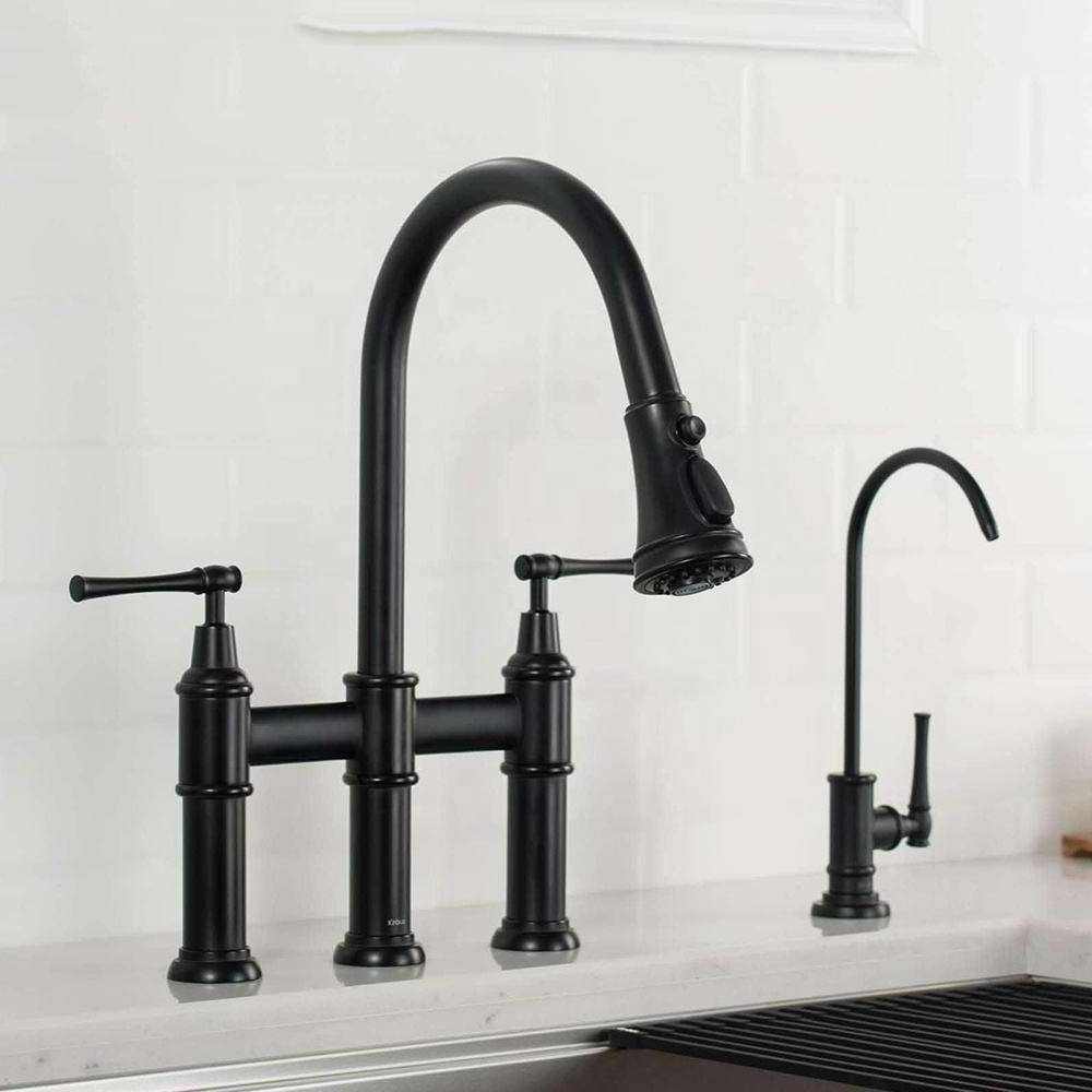 High End Kitchen 3 Function Pull-Down Sprayhead Bridge Sink Faucet In Matte Black