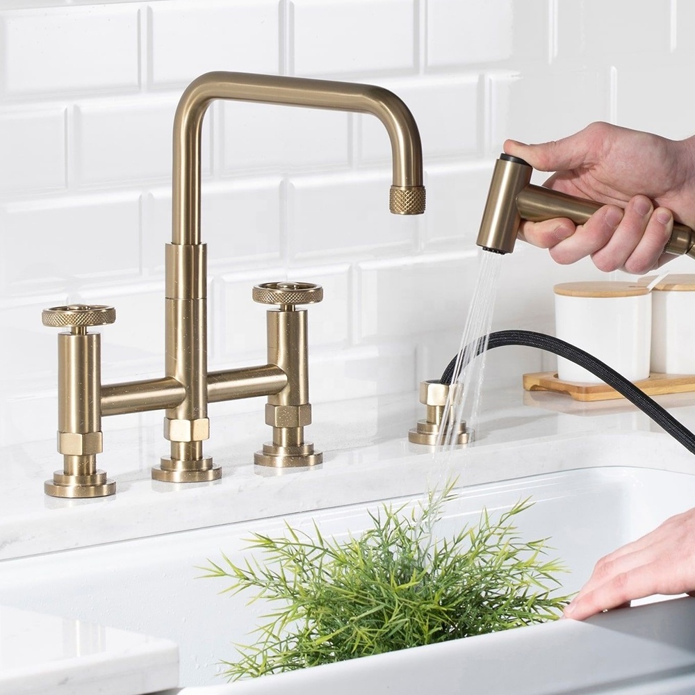 Adjustable Height Diamond Textured Handle Bridge Kitchen Sink Faucet With Side Sprayer