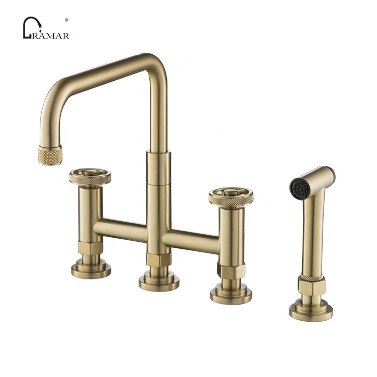 Adjustable Height Diamond Textured Handle Bridge Kitchen Sink Faucet With Side Sprayer