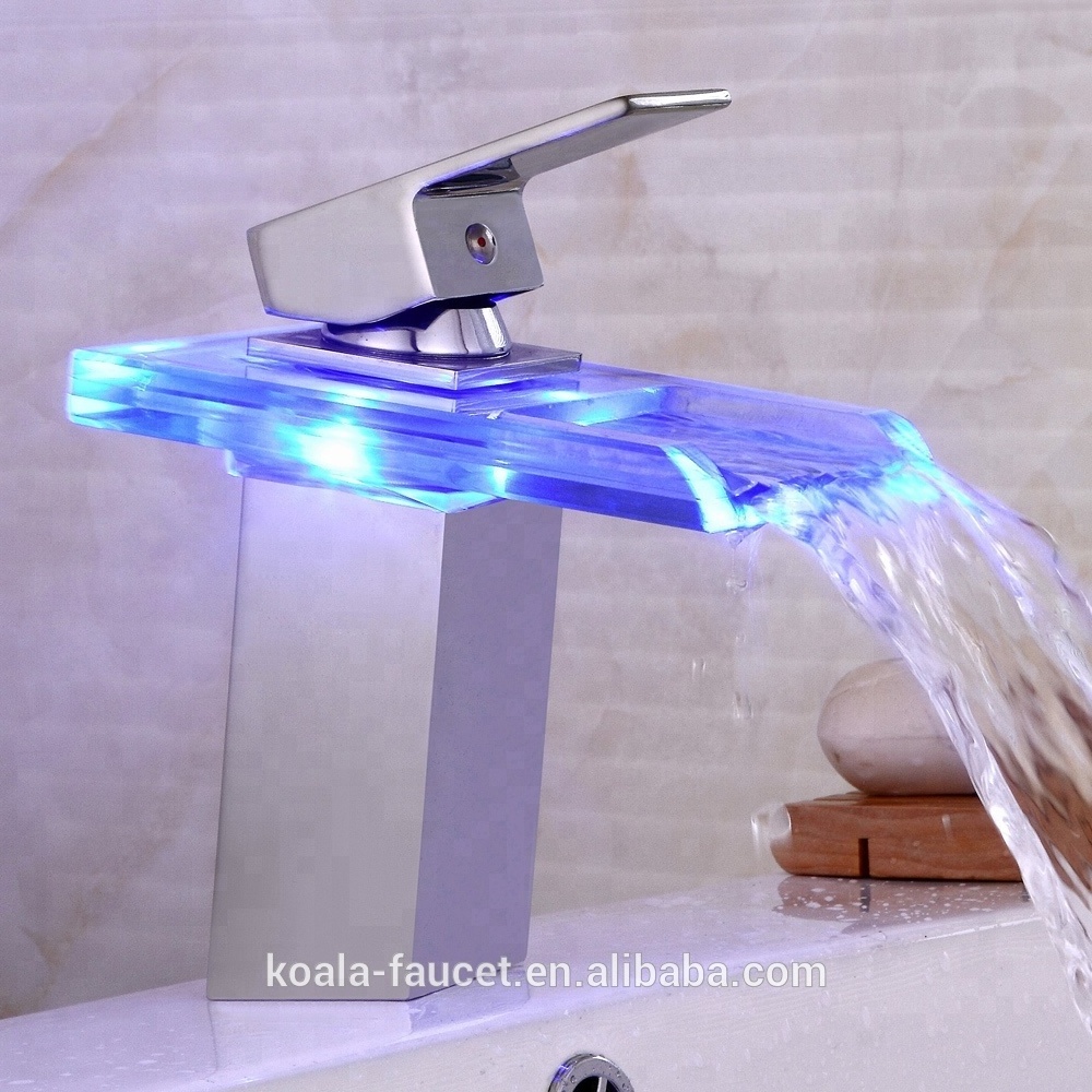 Indonesia Concinnity Bathroom Basin Waterfall Water Light Color Changing Led Glass Faucet