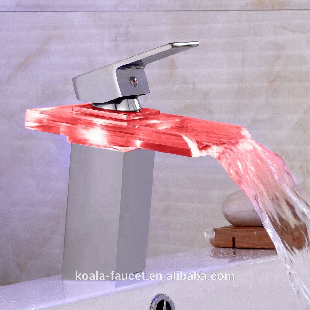 Indonesia Concinnity Bathroom Basin Waterfall Water Light Color Changing Led Glass Faucet