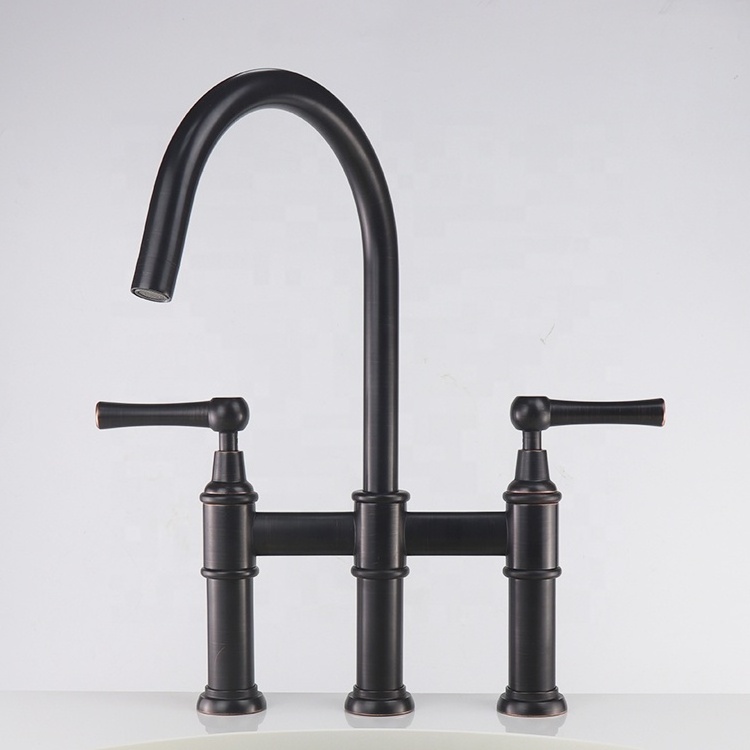 Two-Handles Bridge Copper High Arc Kitchen Sink Faucet with Side Sprayer