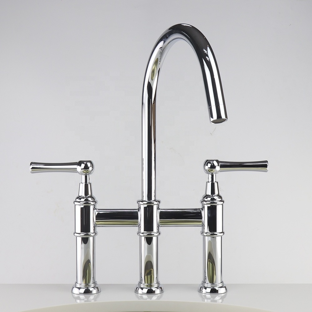 Two-Handles Bridge Copper High Arc Kitchen Sink Faucet with Side Sprayer