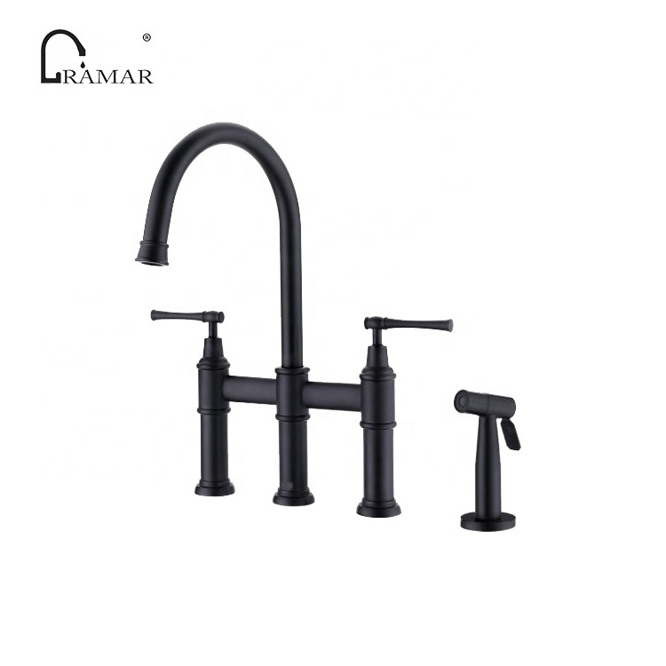 Two-Handles Bridge Copper High Arc Kitchen Sink Faucet with Side Sprayer