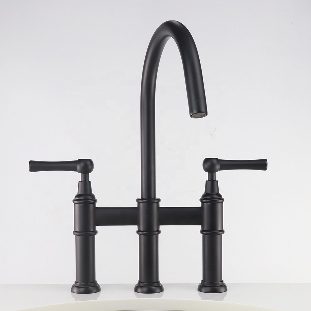 Two-Handles Bridge Copper High Arc Kitchen Sink Faucet with Side Sprayer