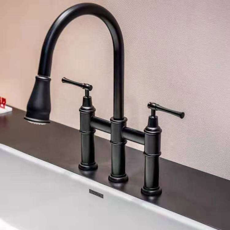 2 Functions Pull-down Sprayhead Bridge Kitchen Sink Faucet in Matte Black