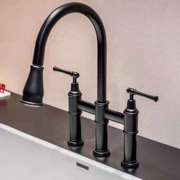 2 Functions Pull-down Sprayhead Bridge Kitchen Sink Faucet in Matte Black