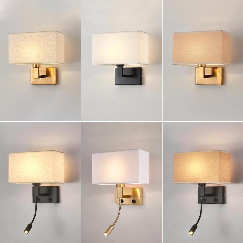 Hotel Guest Room Bedside Light Led Wall Sconce Metal Base Fabric Lampshade Brushed Nickel Brass Led Wall Light Reading Light