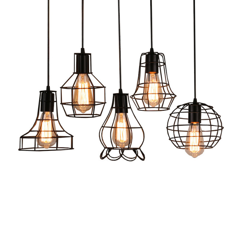 Rural Retro Nordic Hanging Lamp Geometric Antique E27 Light Holder Chandeliers Ceiling Lights Iron Cage Pendant Light