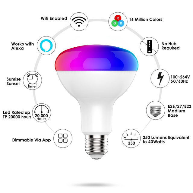 Tuya Smart Wifi LED BR30 12W  RGBCW Multi Color E26 E27 B22 Base 100-240V Voice Control By Alexa Google Home