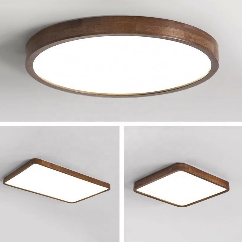 Modern LED Ceiling Lights Wooden Lampshade For Bedroom Round Wooden Ceiling Mounted Acrylic Lighting Fixtures Luminaria Lustr56W