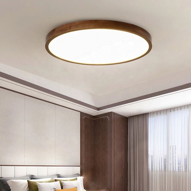 Modern LED Ceiling Lights Wooden Lampshade For Bedroom Round Wooden Ceiling Mounted Acrylic Lighting Fixtures Luminaria Lustr56W