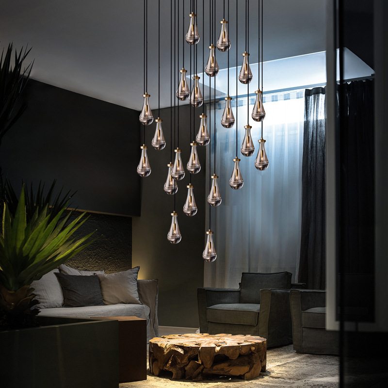 Glass Rain Linear Luxury Nickel Brass Living Room Chandelier Rain Pendant Lighting Ceiling Hanging Raindrop Lights