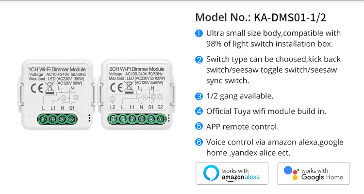 1/2 Gang Tuya Smart Home Wireless Wifi LED Light Wall Dimmer Switch Module 2 Way Control Work With APP Alexa Google Home