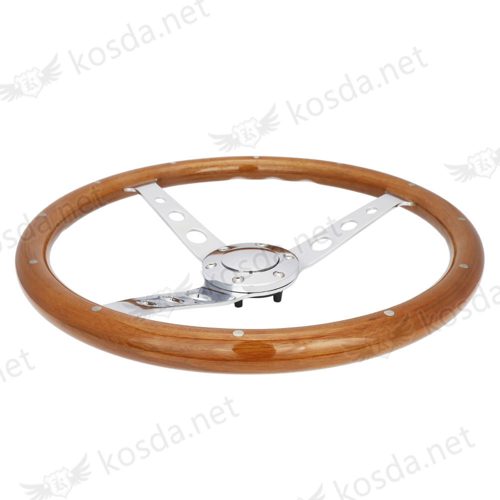 Classic Wooden 380mm 15'' Polished Silver Chrome Spoke Steering Wheel Universal Grain Round Hole 6 bolt car steering wheel