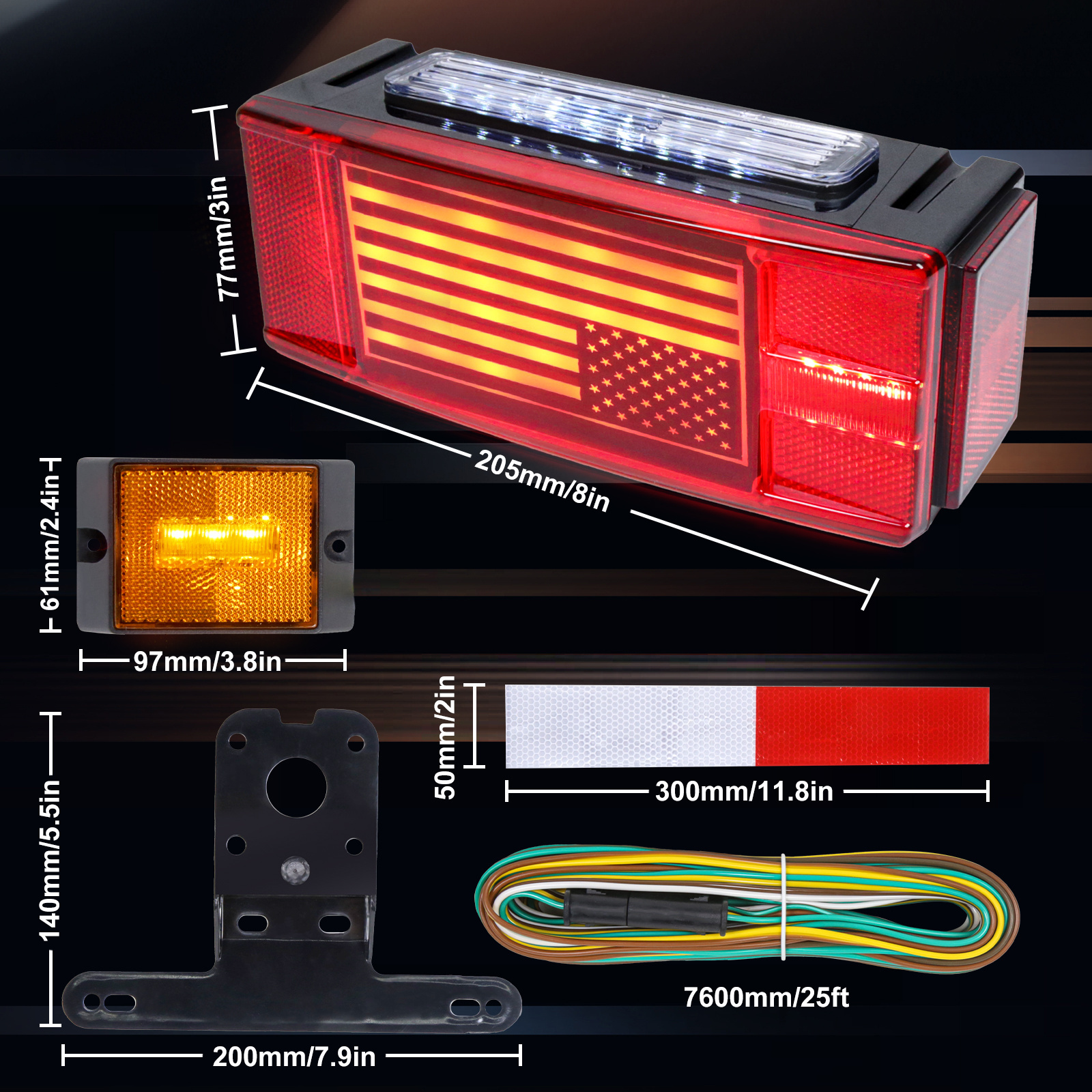 Unique Flag 12V LED Trailer Lights Kit, Waterproof Submersible LED Brake Turn License Boat Tail Lights with Wiring Harness