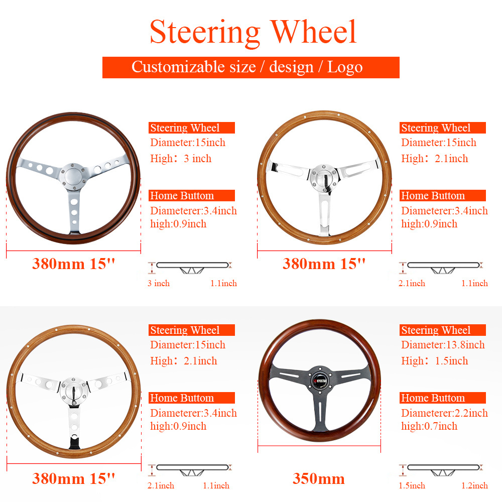 Universal 15'' Wooden Grain Steering Wheel, 380mm Silver Chrome Spoke Classic Car Steering Wheel