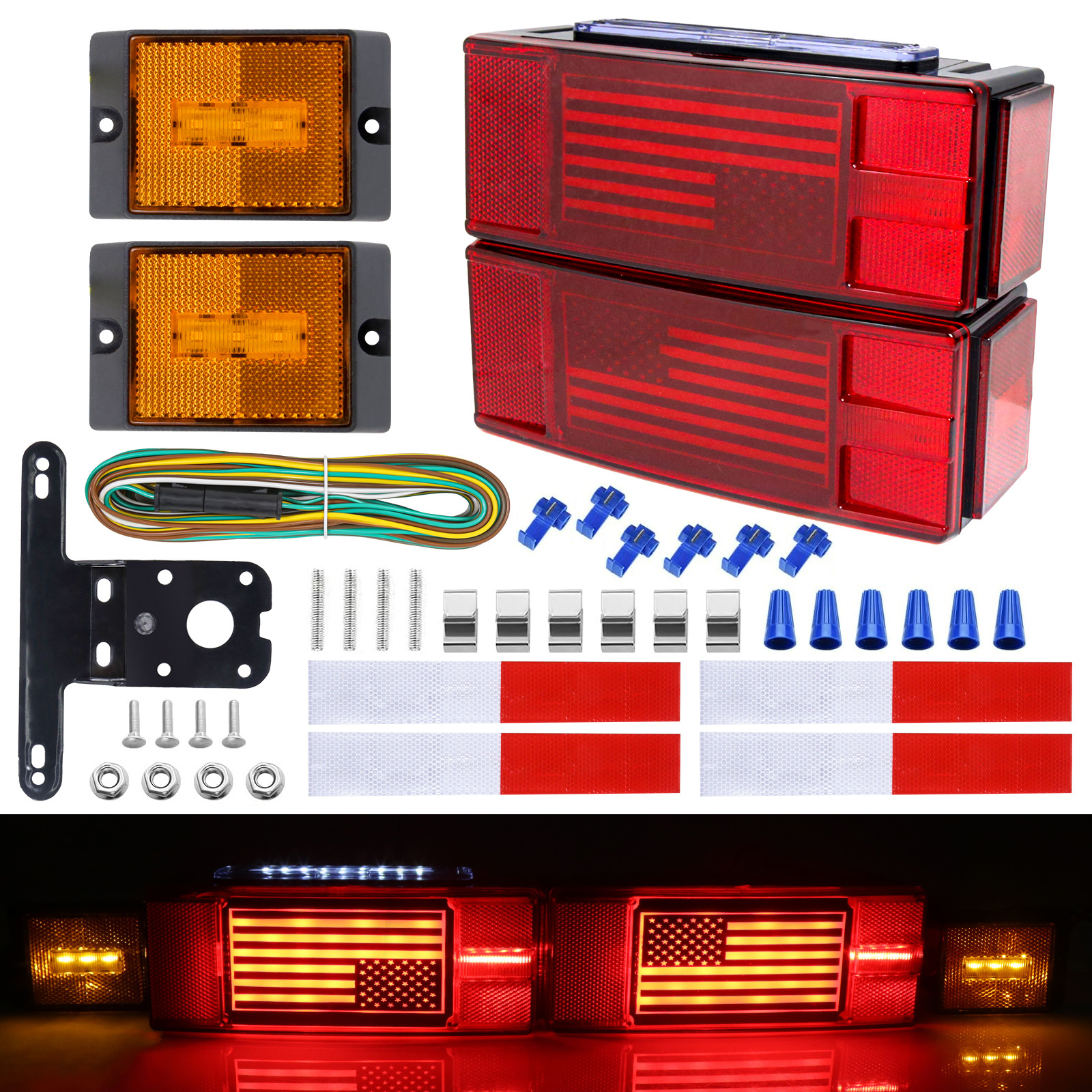 Unique Flag 12V LED Trailer Lights Kit, Waterproof Submersible LED Brake Turn License Boat Tail Lights with Wiring Harness