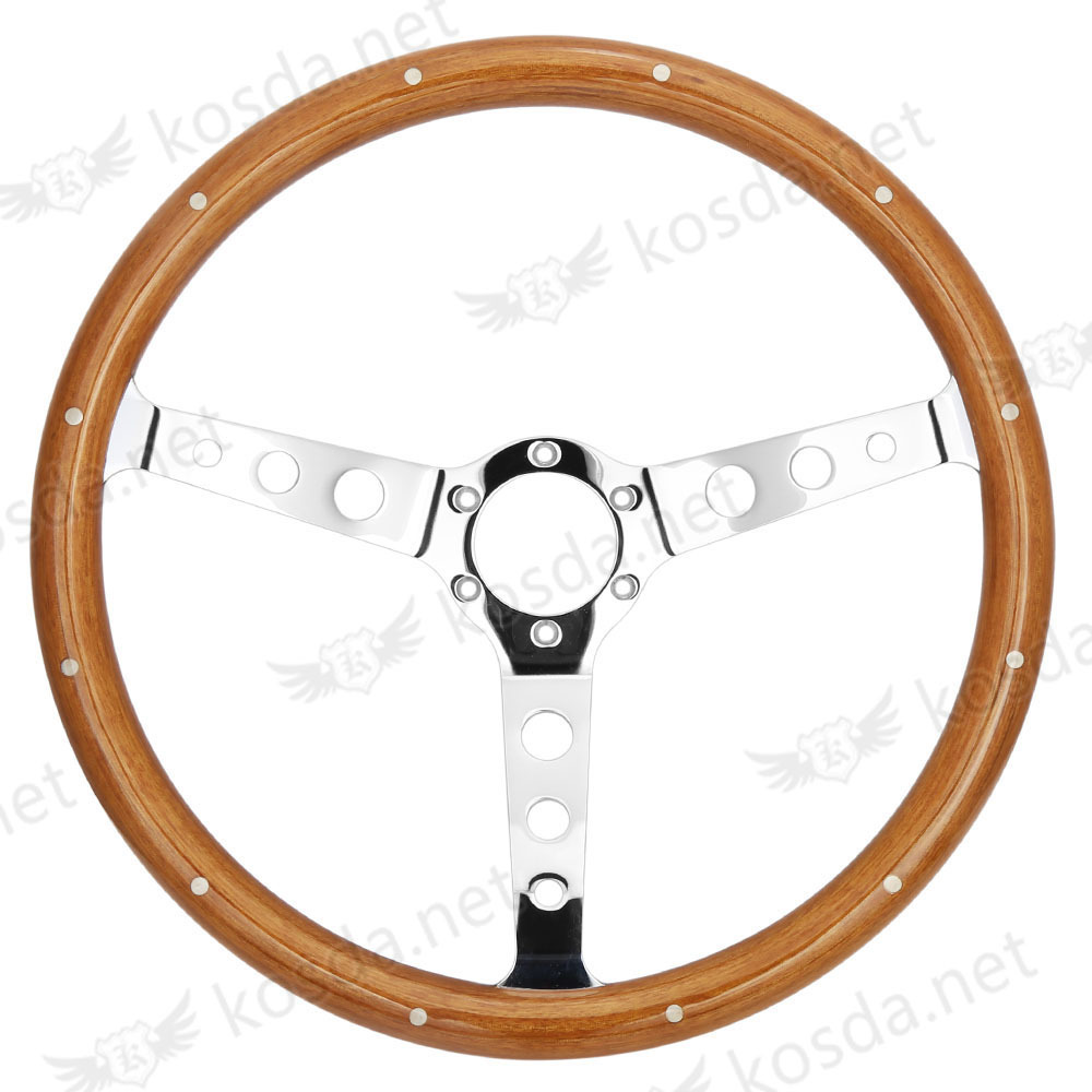 Classic Wooden 380mm 15'' Polished Silver Chrome Spoke Steering Wheel Universal Grain Round Hole 6 bolt car steering wheel