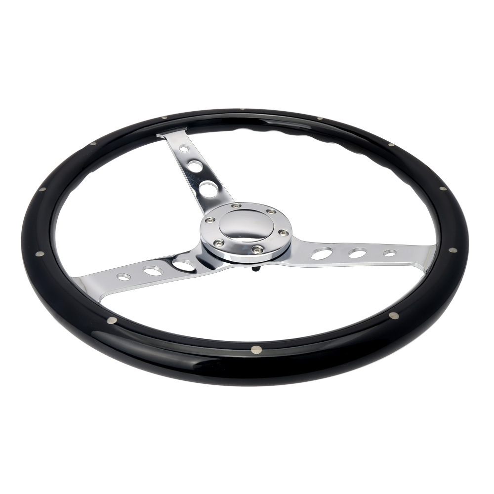 Classic Wooden 380mm 15'' Polished Silver Chrome Spoke Steering Wheel Universal Grain Round Hole 6 bolt car steering wheel