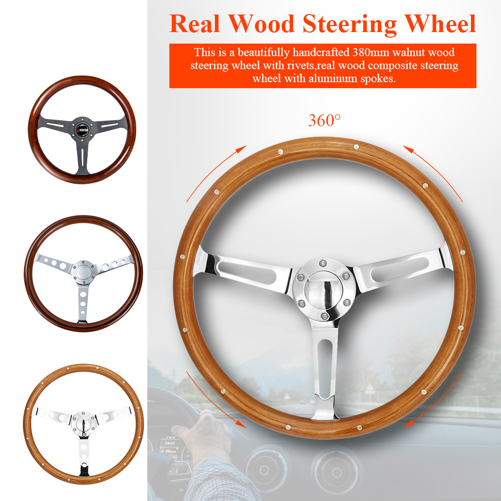 Universal 15'' Wooden Grain Steering Wheel, 380mm Silver Chrome Spoke Classic Car Steering Wheel