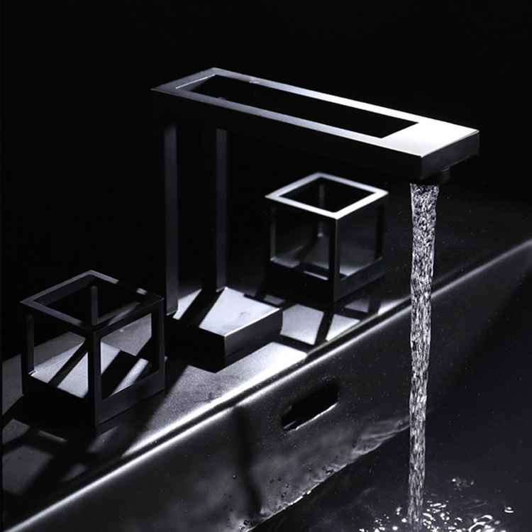 New design matt black bathroom sink faucet three hole deck mounted vanity basin mixer taps