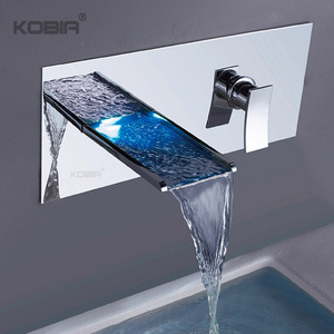 New arrival led light waterfall sink faucet 3 color change chrome brass wall mounted shower bathroom led faucet