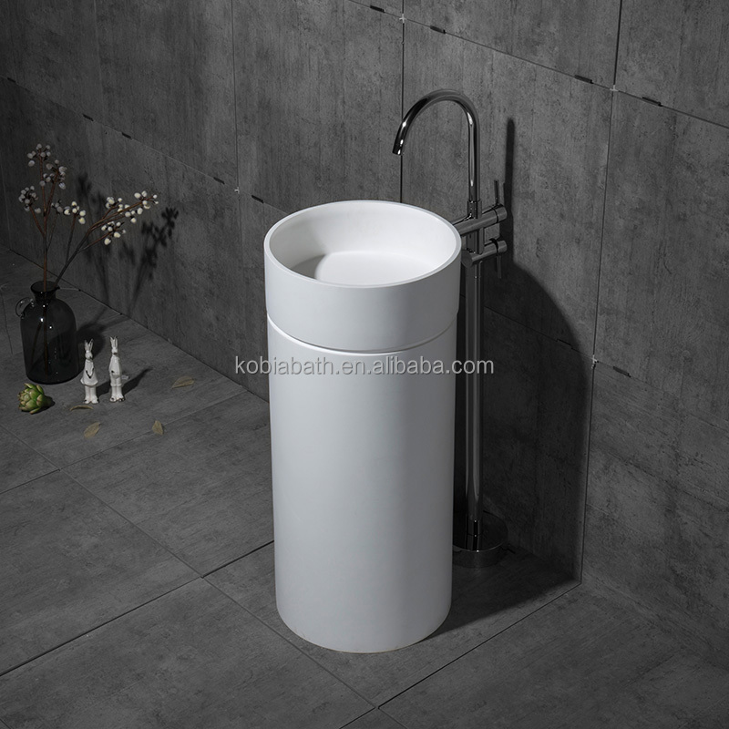 CK3020 Europe-Style Modern Bathroom Stone Resin Solid Surface Glossy Matte White Acrylic Freestanding Pedestal Sink