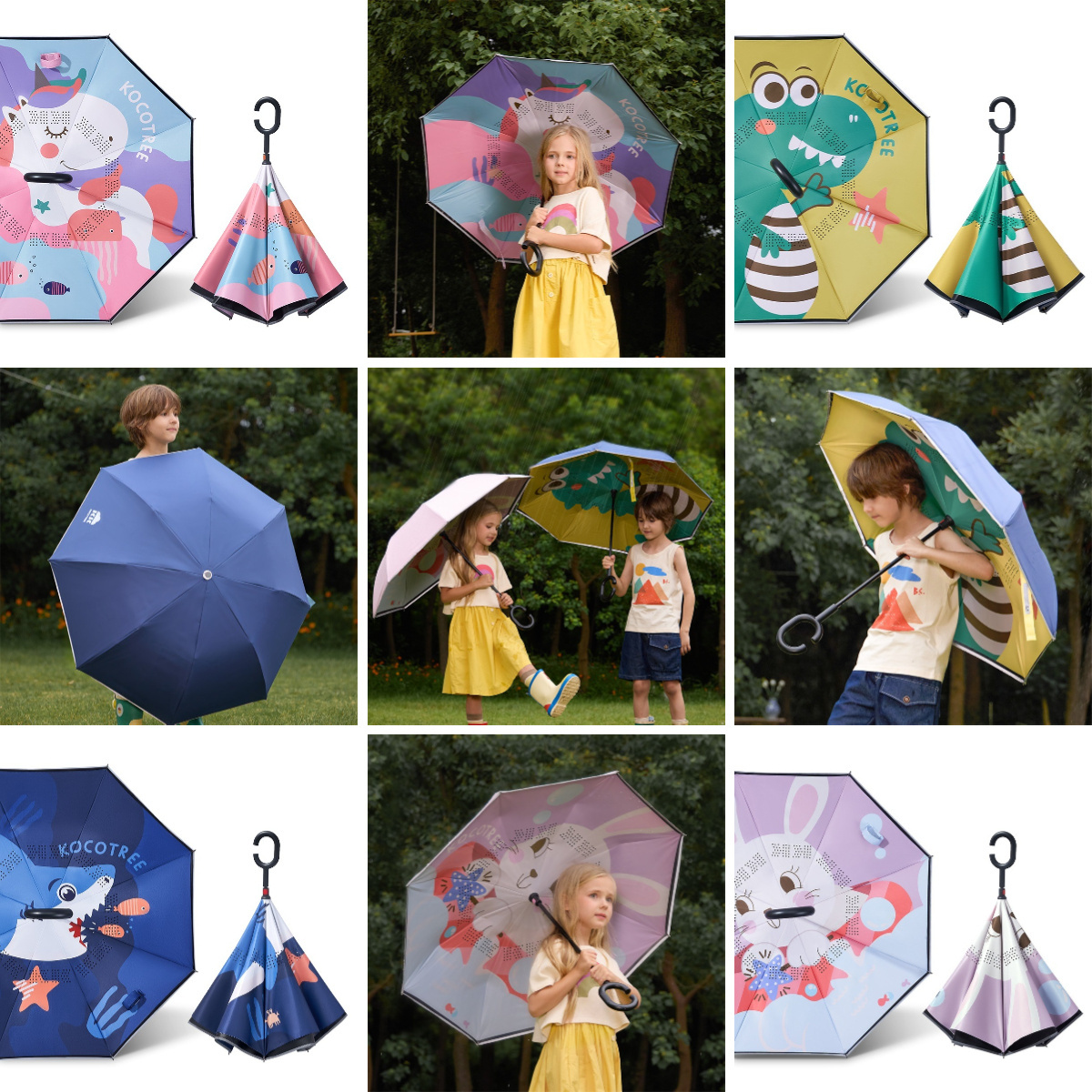 KOCOTREE Cartoon Reverse Umbrella Kids Inverted Windproof C Handle Double Layer  Rain and Sun Children Umbrellas