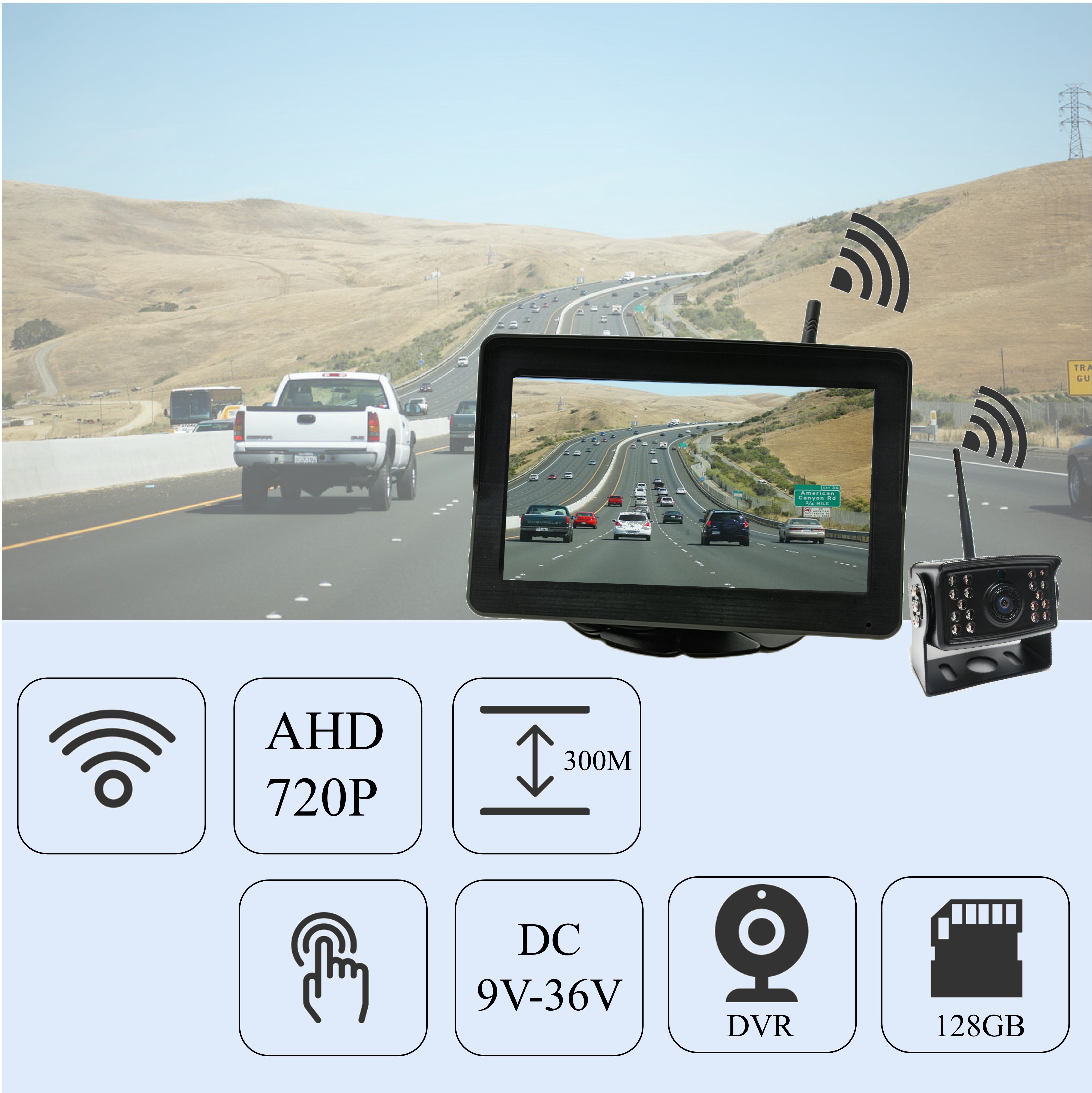 Wireless 7 inch touch screen easy installation car black box wireless DVR monitor and camera for truck bus trailer