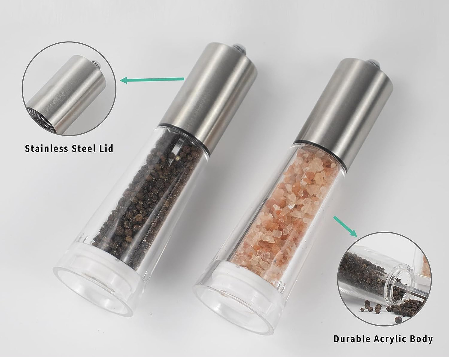 Salt and Pepper Grinder Set Refillable Sea Salt Pepper Mill Grinder Acrylic Manual Pepper Mill Stainless Steel Spice Shakers