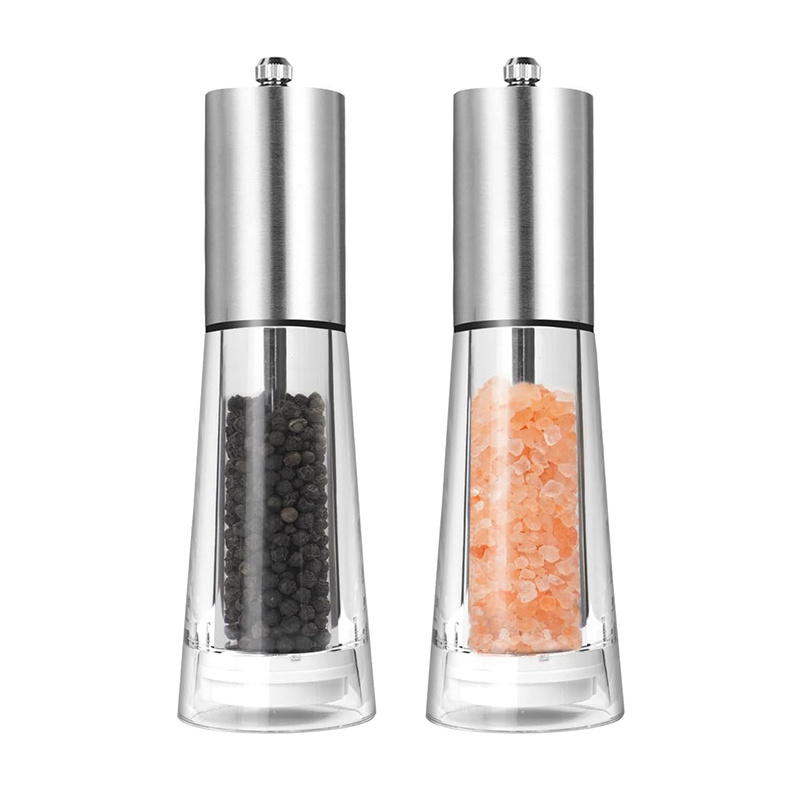 Salt and Pepper Grinder Set Refillable Sea Salt Pepper Mill Grinder Acrylic Manual Pepper Mill Stainless Steel Spice Shakers