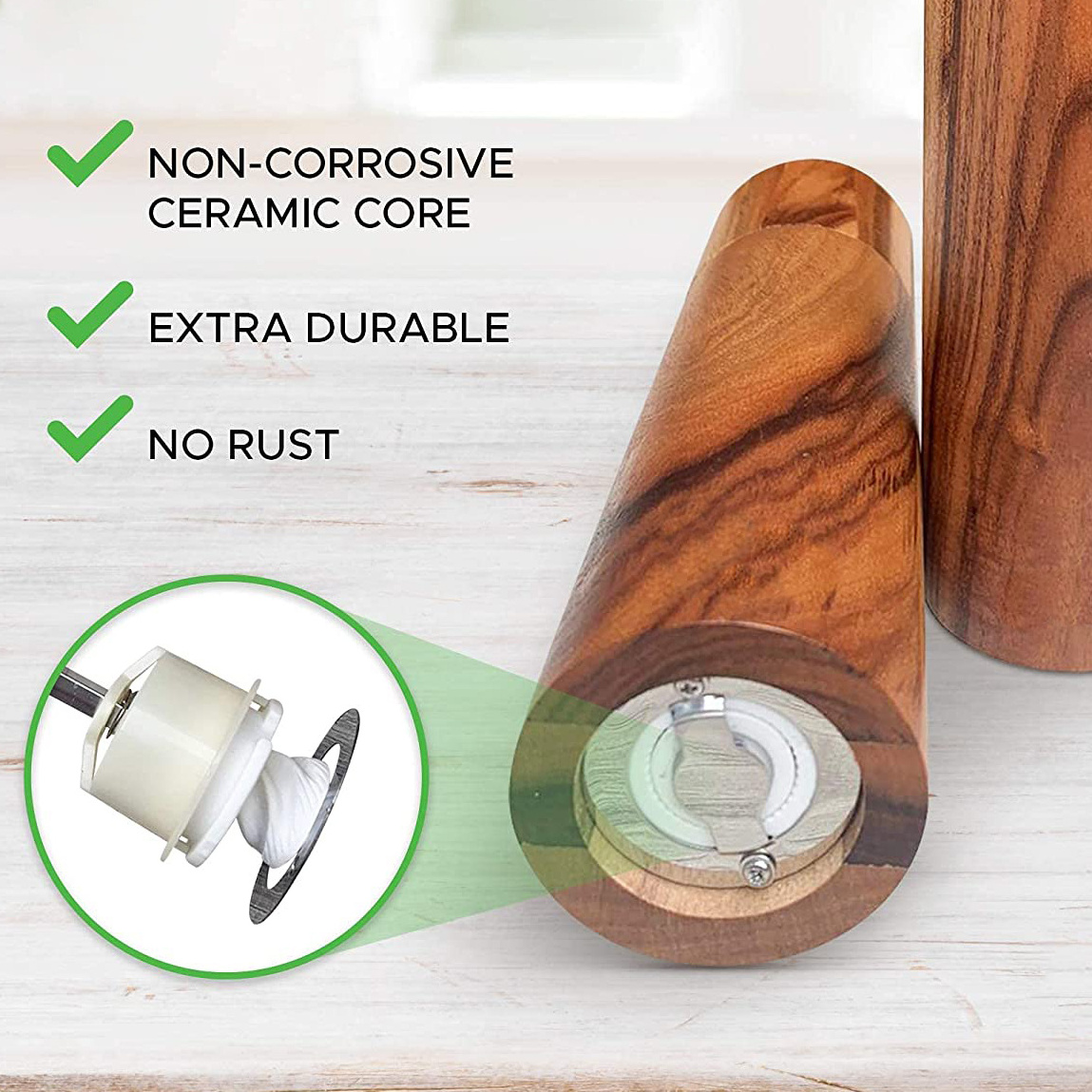 High quality salt and pepper grinder with base wood pepper mill Spice Mill with Adjustable Coarseness