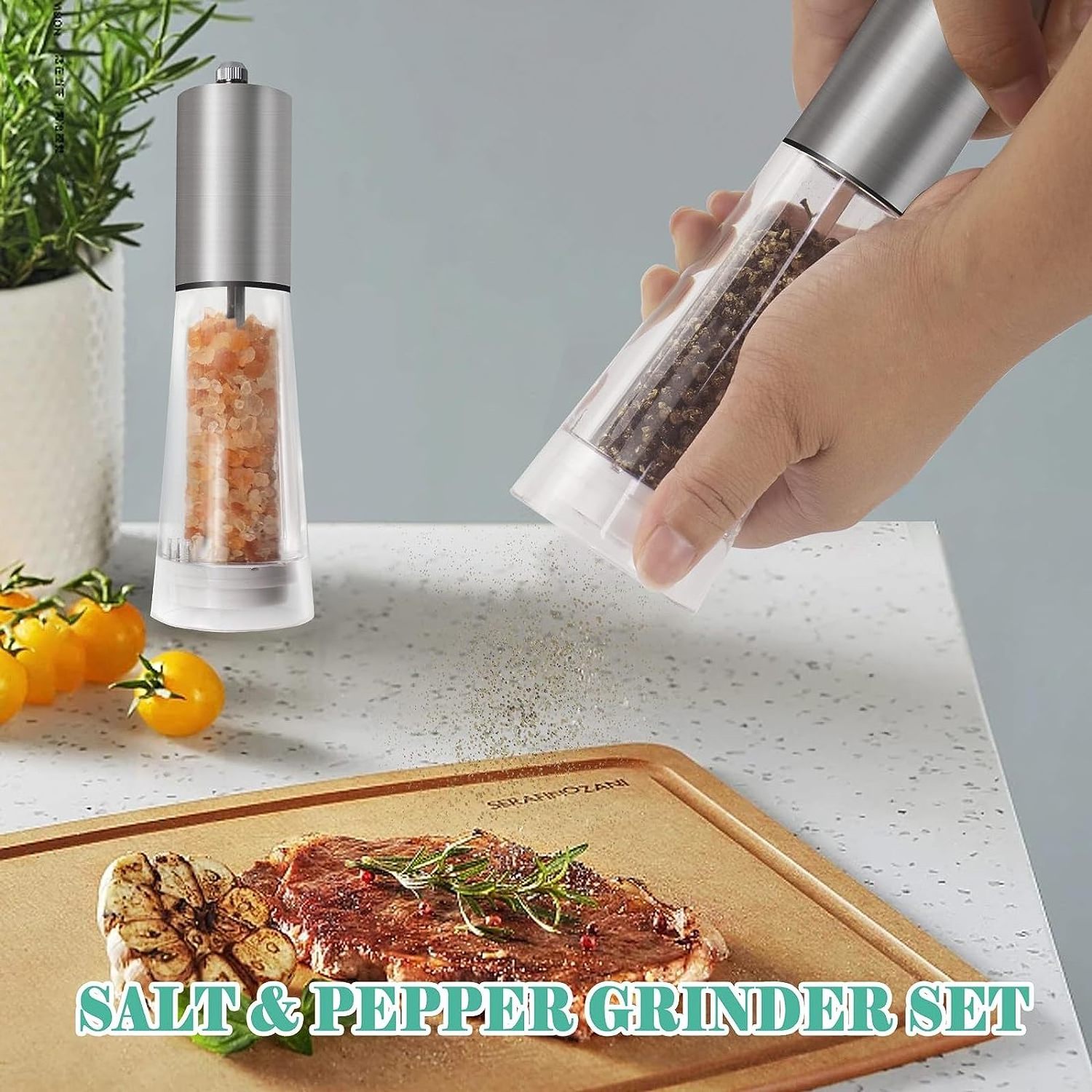 Salt and Pepper Grinder Set Refillable Sea Salt Pepper Mill Grinder Acrylic Manual Pepper Mill Stainless Steel Spice Shakers