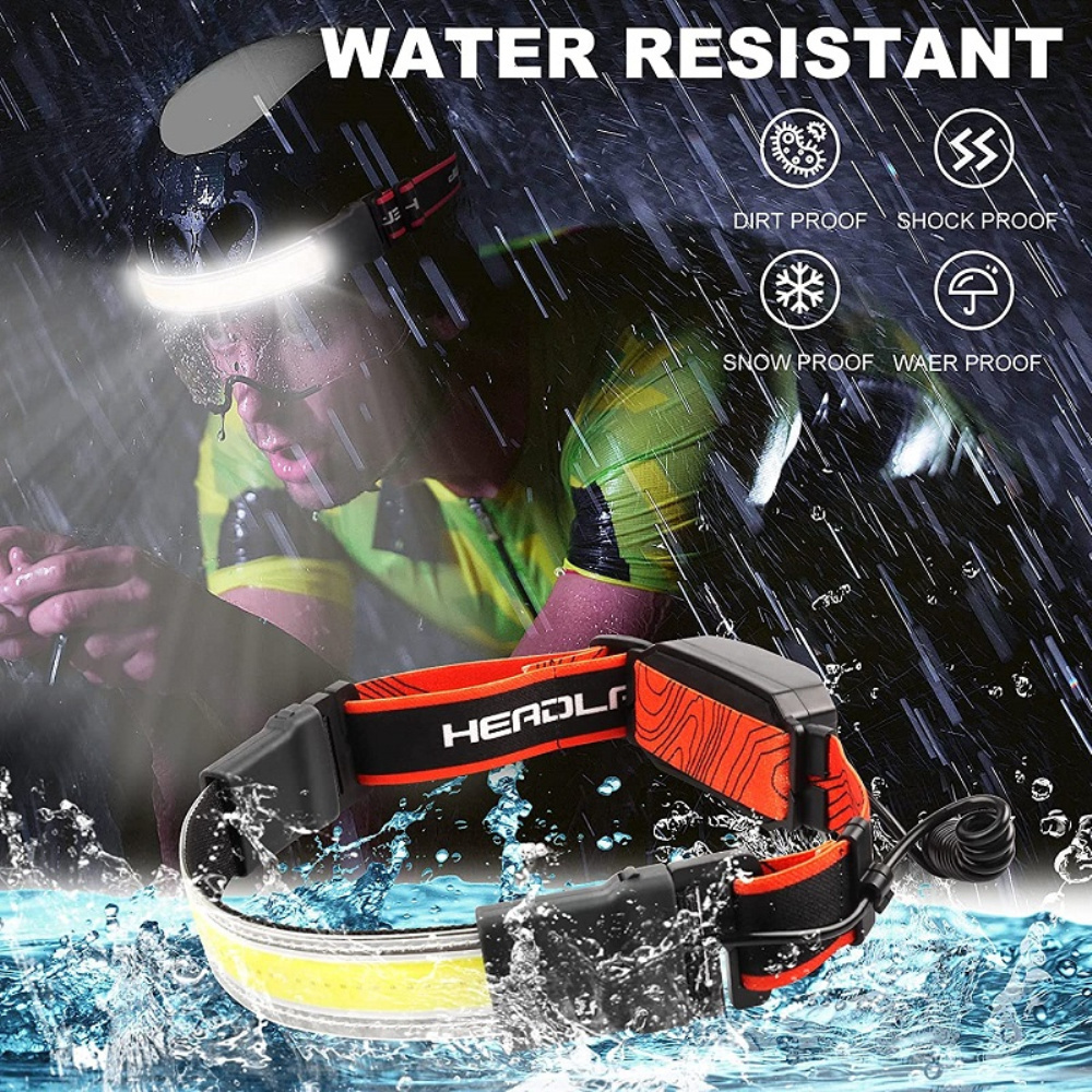 Waterproof Head Flashlight 3 Modes COB LED USB Rechargeable Headlamp with Tail Red Warning Light