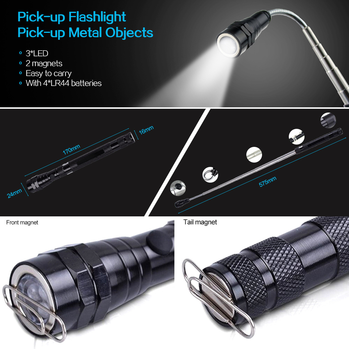 3 LED Flexible Bending Multifunction Pick up Tool Light Adjustable Telescopic Led Torch Flashlight with strong magnet