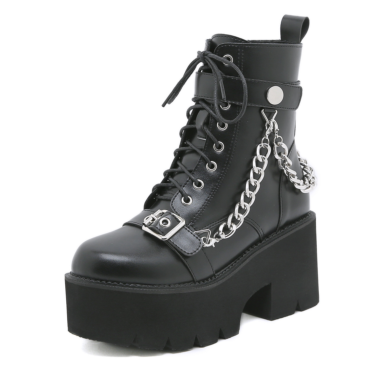 Dropshipping motorcycle boots metal buckle Lace up thick heel platform martin women boots