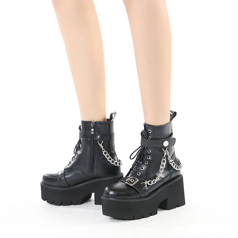 Dropshipping motorcycle boots metal buckle Lace up thick heel platform martin women boots