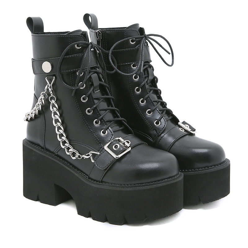 Dropshipping motorcycle boots metal buckle Lace up thick heel platform martin women boots