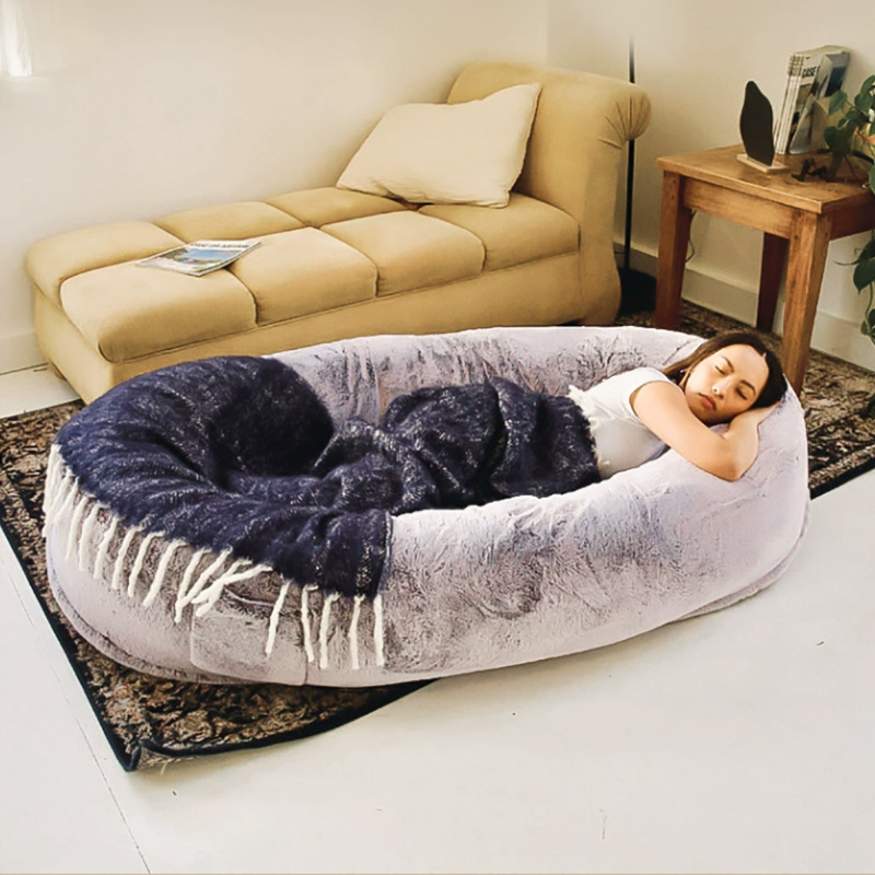 Custom Grey Faux Fur Fluffy Anti Anxiety Giant Dog Bed for Human Super Big Extra Large Luxury Cozy Pet Human Size Dog Bed