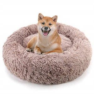 Faux Fur All Size Available Long Plush Removable Fluffy Cover Zipper Machine Washable Deep Sleep Round Donut Dog Cat Pet Bed