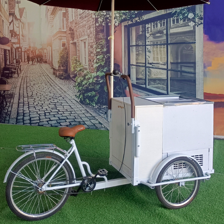 Commercial ice cream cart cooler tricycle freezer bicycle cart selling juices and ice cream mobile food cart with wheels