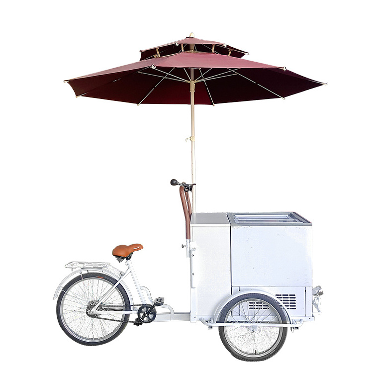 Commercial ice cream cart cooler tricycle freezer bicycle cart selling juices and ice cream mobile food cart with wheels