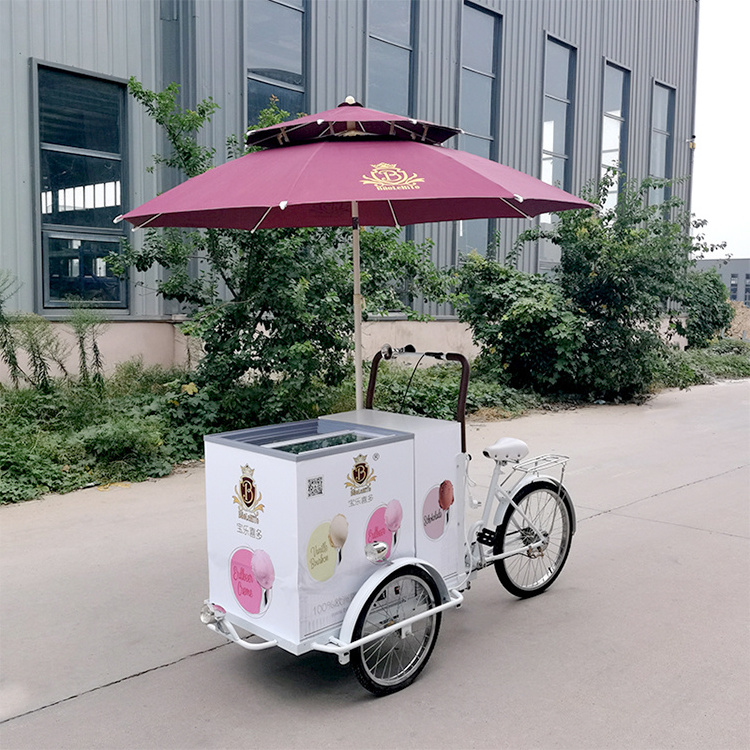 Commercial ice cream cart cooler tricycle freezer bicycle cart selling juices and ice cream mobile food cart with wheels